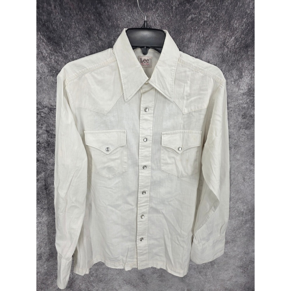 Vintage 70s Lee Western Shirt Mens Medium 15.5-33 White Pearl Snap Cowboy Rode